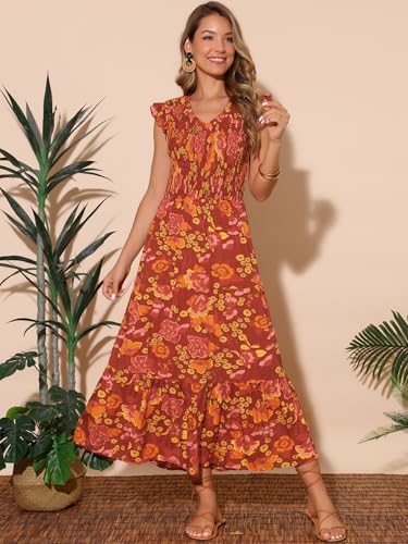 Image of Seta T Women's Summer Dresses Casual Ruffle Sleeveless V Neck Floral Sundress Flowy Smocked Beach Maxi Dress