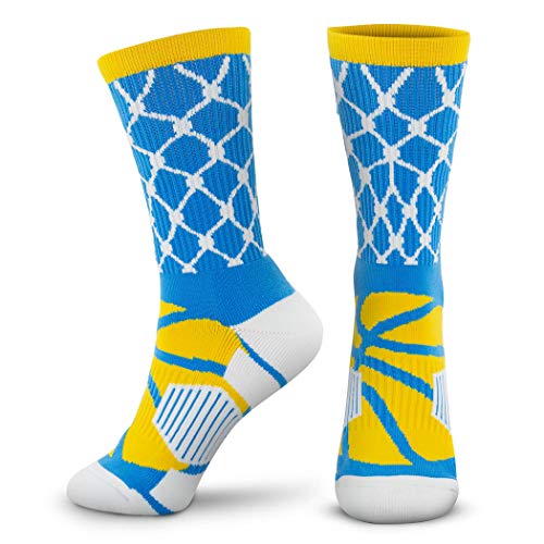 Image of ChalkTalkSPORTS Basketball Socks - Mid Calf - Hoop & Ball Blue Yellow Adult | Moisture-Wicking Performance Blend, Athletic Basketball Gear, Stay-Up Technology, Arch Support, Breathable, Boys and Men
