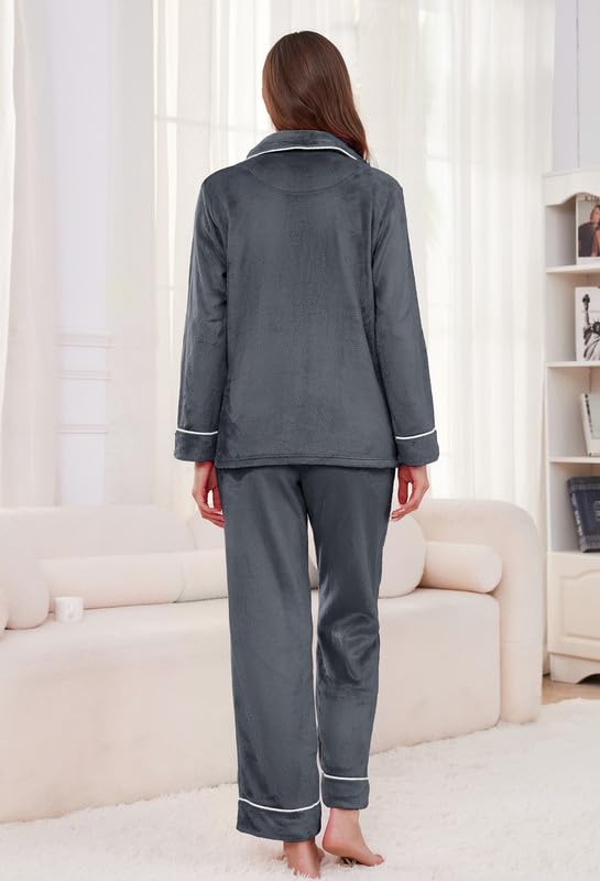Women Fleece Pajama Set, Long Sleeve Button-Down Soft Comfy Two-Piece Sleepwear Lounge Set4