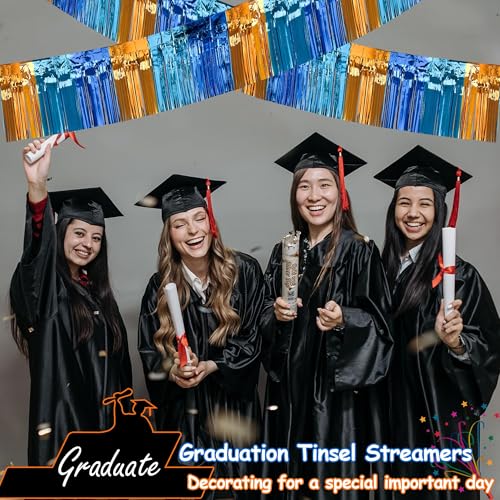 Image of 4 Packs Total 39 Ft Parade Floats for Trailer Car, Orange Blue Foil Fringe Garland Tinsel Blue Dog Themed Streamers Hanging Banner Table Skirts for Graduation Homecoming Birthday Dog Themed Party