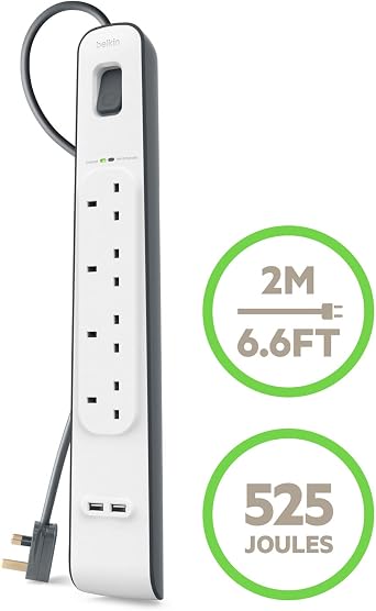 Belkin Extension Lead with USB Slots x 2 (2.4 A Shared), 4 Way/4 Plug Extension, 2m Surge Protected Power Strip - White