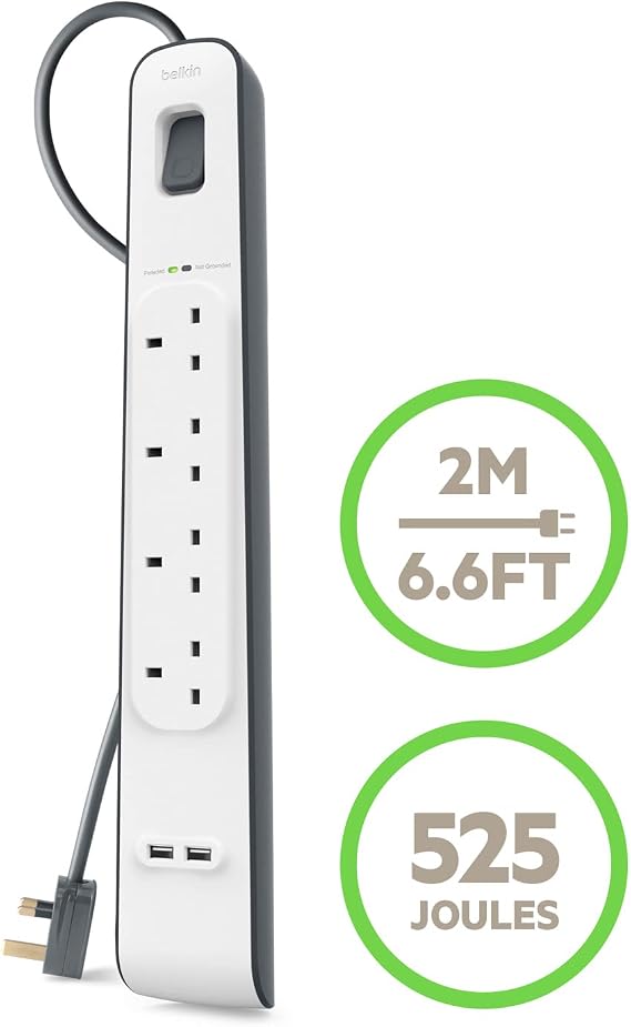 Belkin Extension Lead with USB Slots x 2 (2.4 A Shared), 4 Way/4 Plug Extension, 2m Surge Protected Power Strip - White