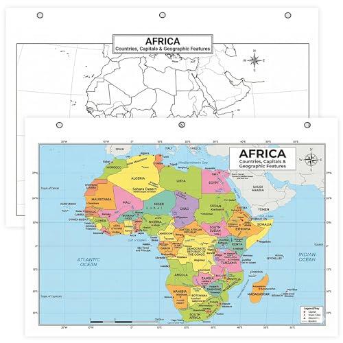 Africa Map Poster for Kids - 2-Sided Laminated 8.5x11, Countries Capitals & Geographic Features with Blank Practice Map, Color-Coded Regions, Classroom Homeschool Geography