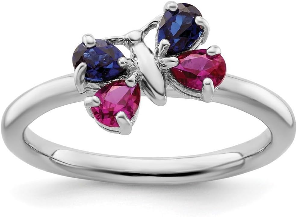 2.25mm 925 Sterling Silver Polished Prong set Stackable Cr Ruby and Cr Sapphire Butterfly Angel Wings Ring Size 6-Stackable-Ring for Women