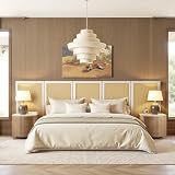 Capri Extended Headboard Cane Platform Bed, Antique White Polyester Upholstered Bed Frame with Slatted Support, Modern Platform Bed for Master Bedroom or Guest Room, No Box Spring Needed