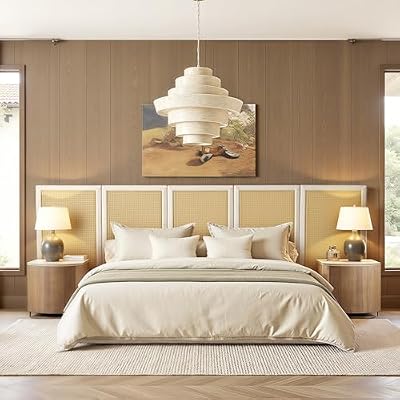 Capri Extended Headboard Cane Platform Bed, Antique White Polyester Upholstered Bed Frame with Slatted Support, Modern Platform Bed for Master Bedroom or Guest Room, No Box Spring Needed