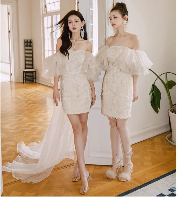[R-QINYUER] ビスチェタイプ オフショルダー ミニドレス レディースドレス 結婚式 演奏会 お呼ばれドレス イブニングドレ