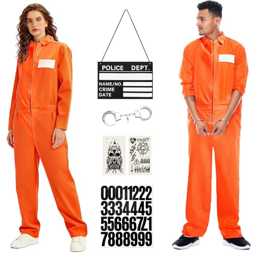XJGQZ Adult Prisoner Costume Orange Prison Jumpsuit Convict Suit for Men Women Jail Costume Onesie Fancy Dress for Carnival Halloween
