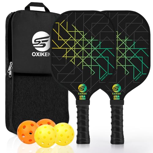 SS OXIKEN Pickleball Paddles Set of 2, USAPA Approved Carbon Fiber Pickleball Set, Lightweight Pickle Ball Paddle 2 Pack, 2 Outdoor Pickleball Balls, 2 Indoor Balls, 1 Bag, Green by SS OXIKEN - Used condition - CA$82.36
