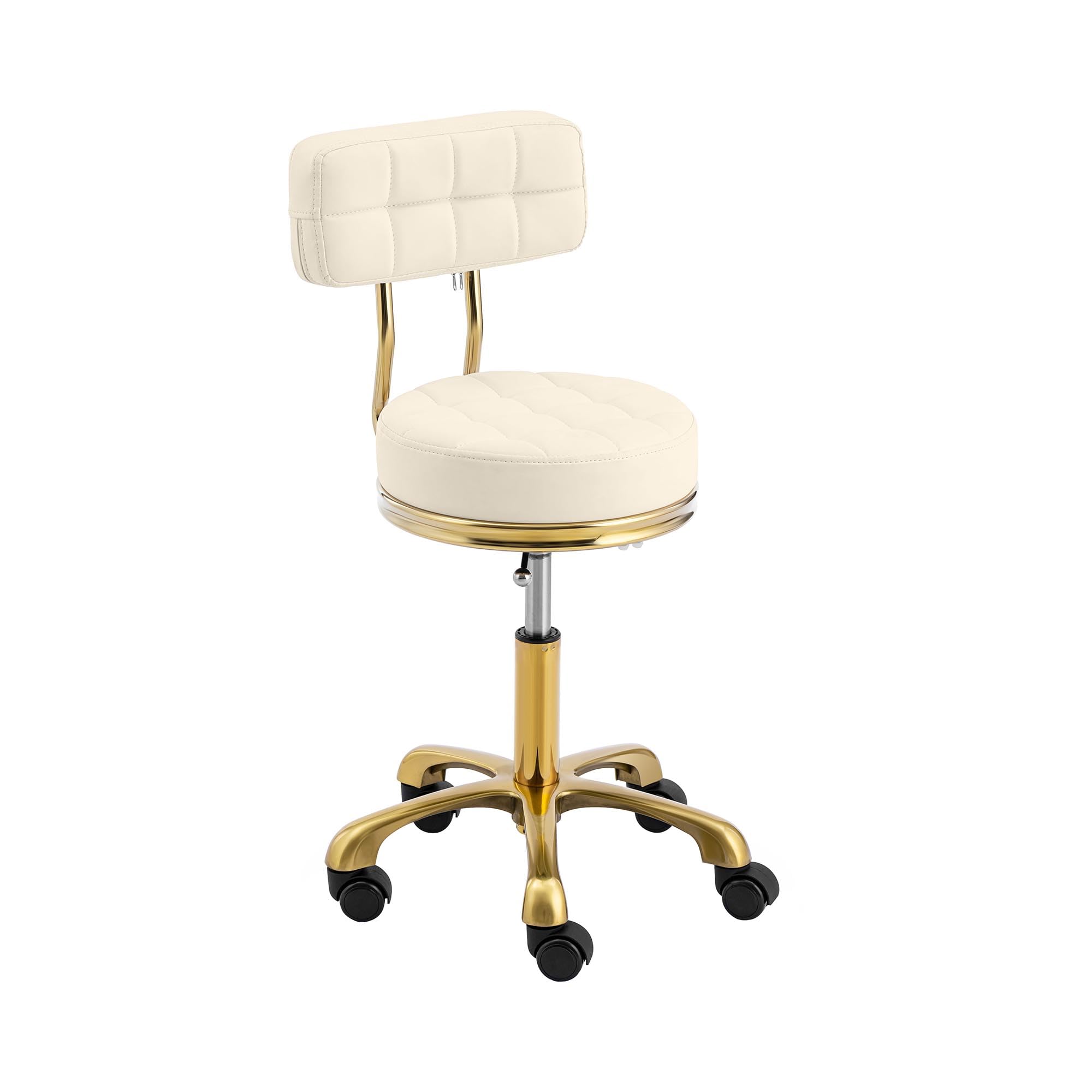 physa Taburete con ruedas, respaldo y altura de asiento regulable en 51 - 66 cm para hasta 150 kg beis/dorado Taburete de peluquería estética regulable en altura Banqueta de trabajo