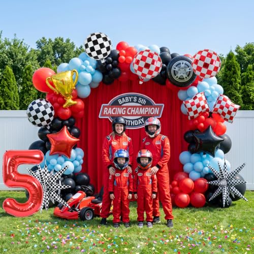 Image of TONIFUL Race Car Party Balloons Set - 40 Inch Red Number 5 Foil Balloon with Checkered Round, Explosion Star & Star Balloons for Boys 5th Birthday Car Themed Decorations, Photo Backdrop Supplies