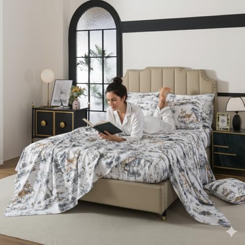 Image of FADFAY Toile Sheets Set King 100% Egyptian Cotton French Country Toile de Jouy Bedding Classic Black and Gold Floral Bed Sheets Shabby Farmhouse Bedding Breathable Soft Deep Pocket 4Pcs, King Size