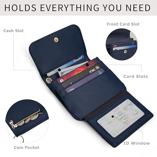 Image of Women Small Wallet RFID Blocking Slim Wallet with Coin Pocket Tri-Fold Credit Card Holder with ID Window and Keychain(Navy Blue)