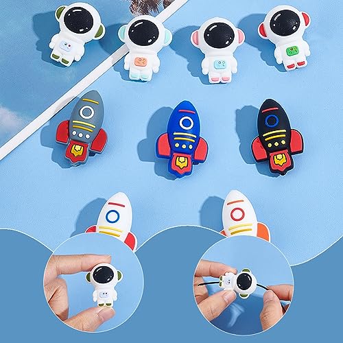 SUNNYCLUE 10 Styles Silicone Focal Cute 3D Astronaut Beads Charms Bulk Cartoon Spaceman Planet Chunky Colorful Rubber Beads for Beaded Pens Lanyards Keychain - Image 3