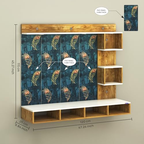 Image of Anikaa Kirina Engineered Wood Wall-Mount TV Unit with Printed PVC Back Panel & LED Lights | TV Cabinet with Storage Box & Decorative Shelves (Giantwood /White) for TVs up to 40 Inch | DIY Installation