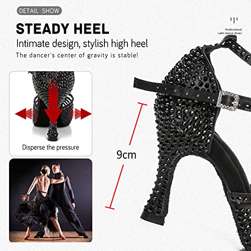 Image of JUODVMP Women's Latin Dance Shoes Rhinestones Satin Ballroom Dancing Shoes Salsa Professional Dance Shoes