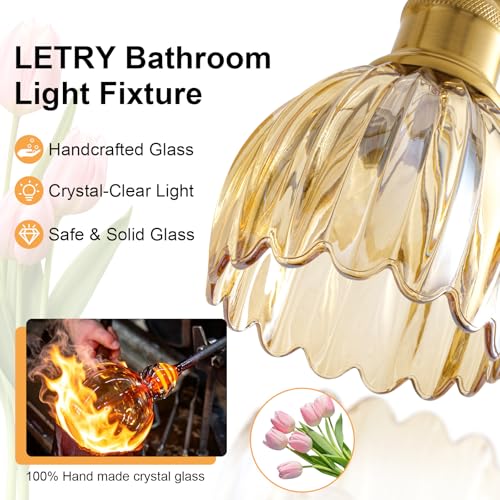 Image of Bathroom Light Fixtures, 4-Light Brushed Gold Vanity Lights for Bathroom with Amber Tulip Glass Shade, 26 inch Vintage Bathroom Vanity Lighting Fixtures Over Mirror for Bedroom Living Room Hallway