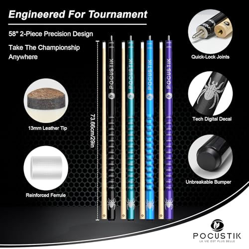 POCUSTIK 58" 2-Piece Pool Cues Set of 4, Ergonomic Grip, Canadian Maple - image 2