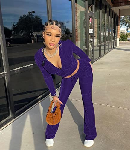 Yeshire Women's 2 Piece Outfits Velvet Sweatsuits Zip-Up Hoodie Jacket Casual Jogging Set Tracksuit Set With Pockets Small Purple #TOP2