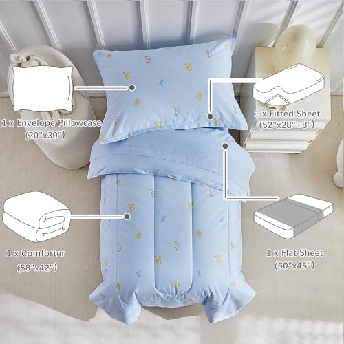 Image of DuShow Cotton Toddler Bedding Set,4 Piece Toddler Bed Comforter Sets, Blue Fish Pattern for Kids Boys and Girls,Includes Quilted Comforter,Fitted Sheet,Top Sheet,and Pillow Case
