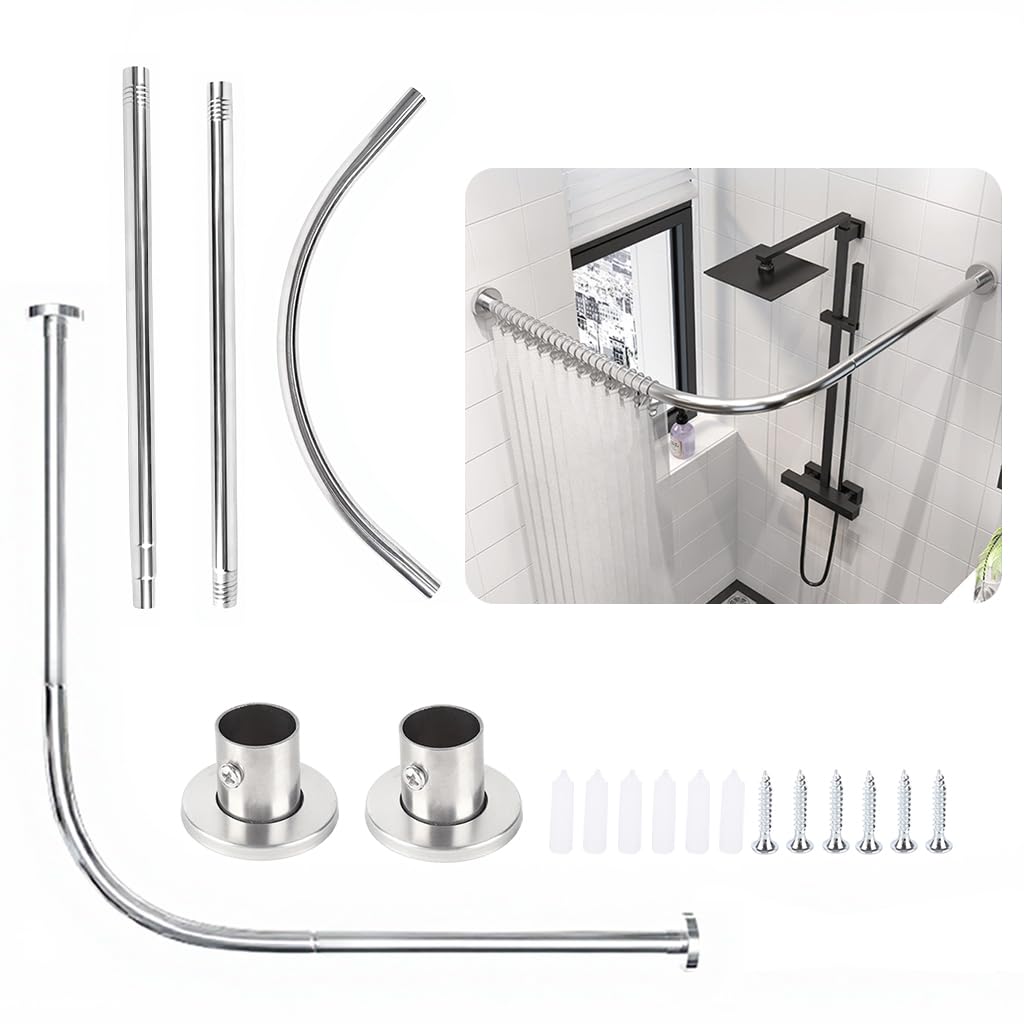 HASTHIP® 68Cm To 98Cm Adjustable Extendable Shower Curtain, Elbow Shower Curtain Rod Assembly, Stainless Steel Corner Adjustable Curtain Rod with Flange Cover, L-Shaped Curved Tension Rod-image-7