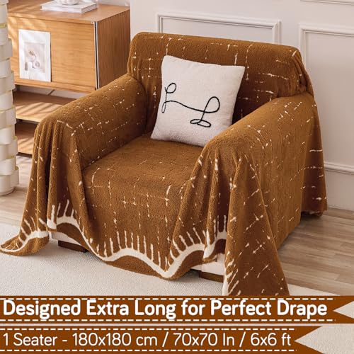 Image of HOKIPO Soft Plush Sofa Throw for 1 Seater Sofa - Luxury All-Season Sofa Cover for Complete Protection, 'Supple Soft Wavy' Brown (180x180 cm) (AR-6525-BRN)