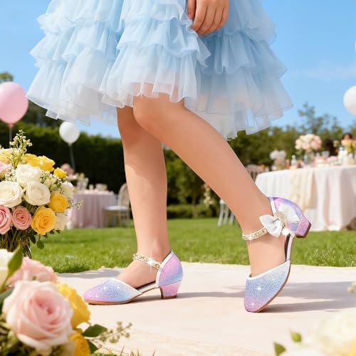 Image of Motasha Sparkly Girls Dress Shoes Kids High Heels Toddler to Big Kid | Glitter Closed Toe, Rhinestone Bow Straps, Hook-and-Loop Closure, Low Heel, Anti-Slip Outsole for Wedding Birthday Parties