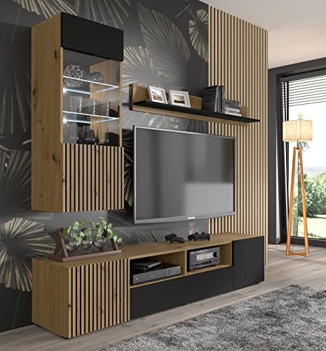 BIM Furniture Meuble TV AURIS 200 cm - Banc TV Moderne en Chêne Artisan et Noir - 3 Portes, 2 Niches Push-to-Open, Façade Rainurée MDF – Image 5