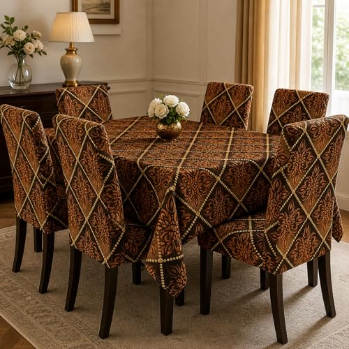 Image of Polycotton Printed Dining Table Cloth with Dining Chair Covers,Slipcovers (6 Seater Table Cover + 6 Chair Cover) (Brown & Black Box)