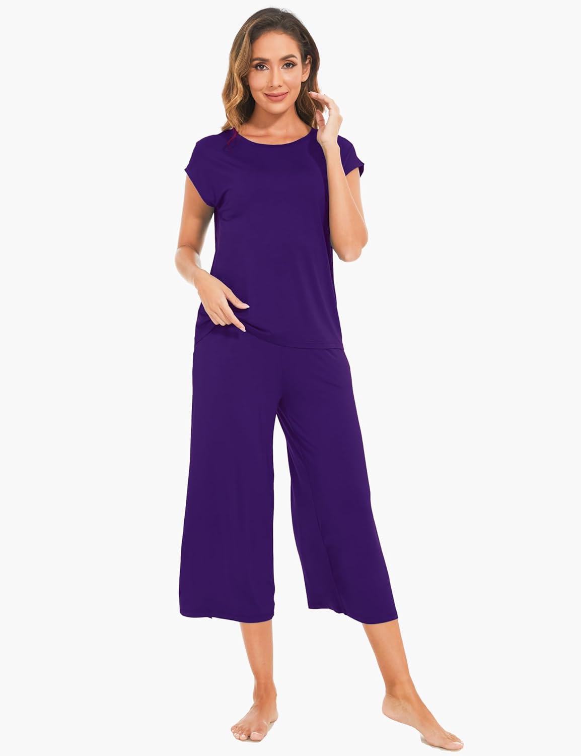 GYS Bamboo Viscose Pajamas for Women Set, 2 Piece Soft Capri Pants Cap Sleeve Top Lounge Set, Comfy Loungewear Sleepwear PJs