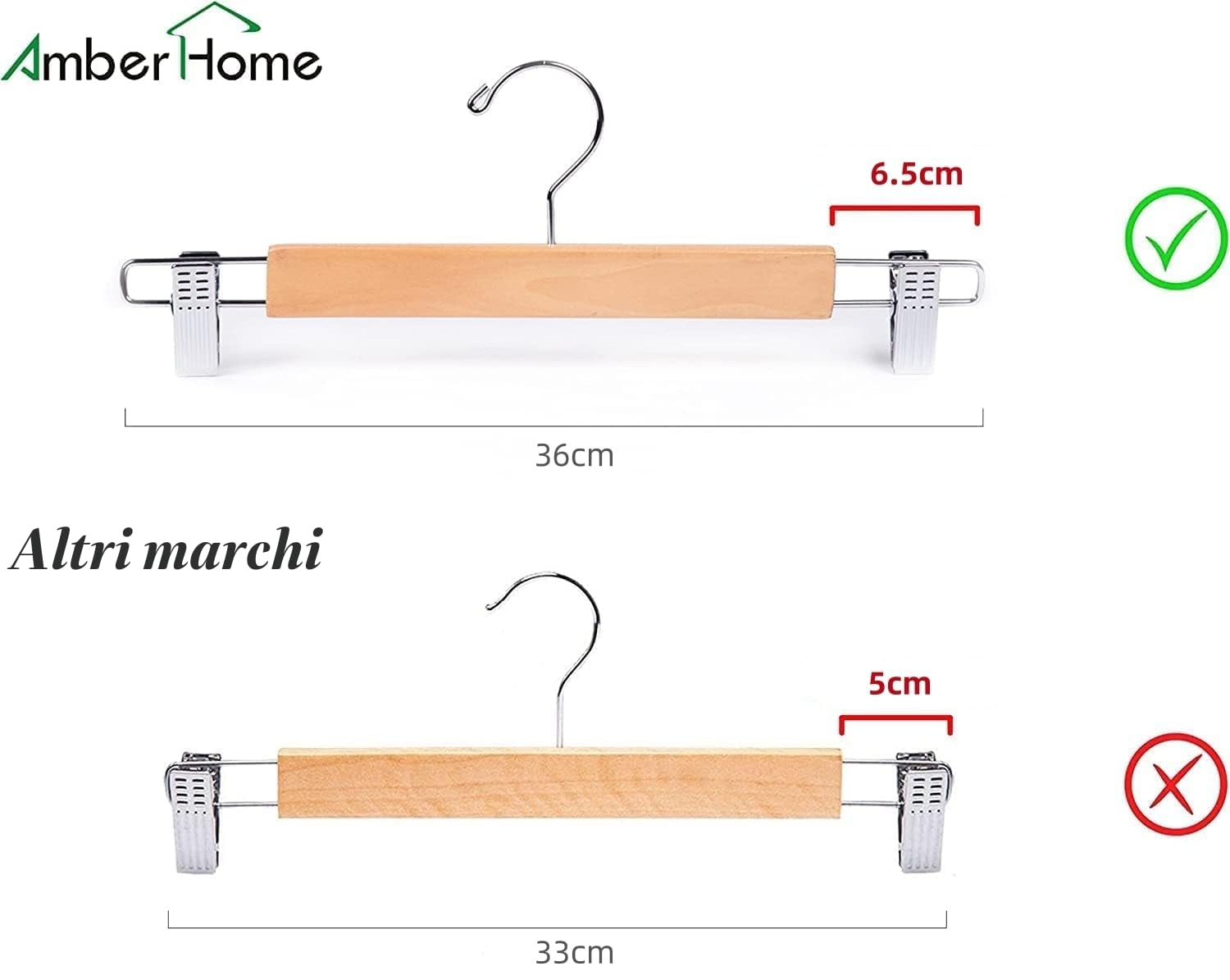 Amber Home 10 Pezzi 36cm Grucce Appendiabiti in Legno Naturale Liscio Robusto per Pantaloni Gonna Calzino Biancheria Intima Mutande con Clips