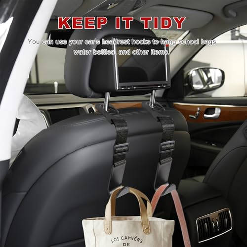 BWBWND 4PCS Car Seat Headrest Hook, Adjustable Vehicle Backseat Hanger Storage Organizer, Universal Seat Back Holder Hooks for Purse Coat Grocery Bag, Car Accessories (Black)