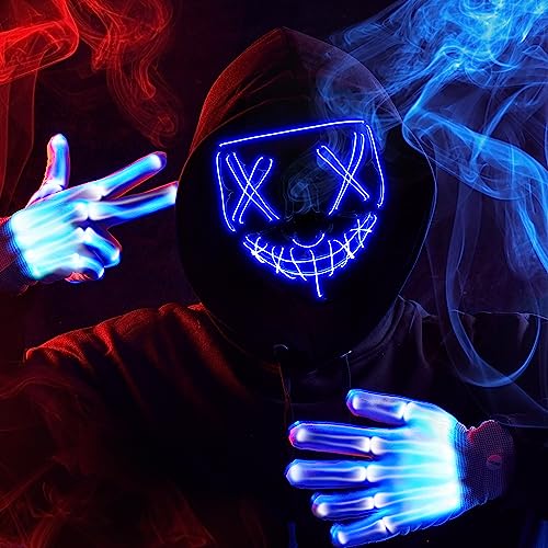 Image of JOYIN Halloween Led Mask, Light Up Mask and Gloves for Cosplay Costume (Blue), 3 Modes Scary Glow in The Dark Masks for Boys Girls Halloween Party Dress Up Accessories, Gifts Giving