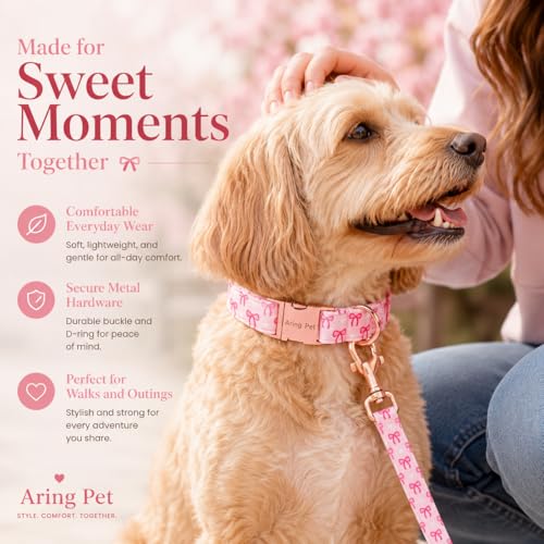 Image of ARING PET Girl Dog Collar for Puppy Small Medium Large Dogs-Pink Bow M | Cute Female Heavy Duty Pet Collars with Metal Buckle for XS S M L XL Dogs, for City Walk Coffee Shop Visit Birthday Party