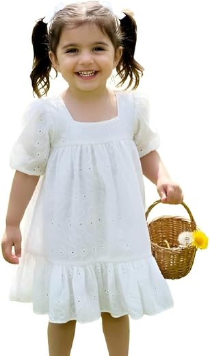SKYCARRY White Cotton Boat Neck Knee Length Dress for Girls Ages 1 to 7 Years Old Comfortable Baby Girl Frock and Kids Wed...