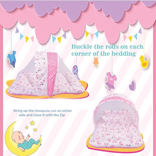 Image of Toddylon Baby Bed New Born Baby Bedding Set Combo | Carry Bag | Mattress | Mosquito Net | Insect Protector | Infants (0-6 Months, Pink, Baby Size, Cotton)