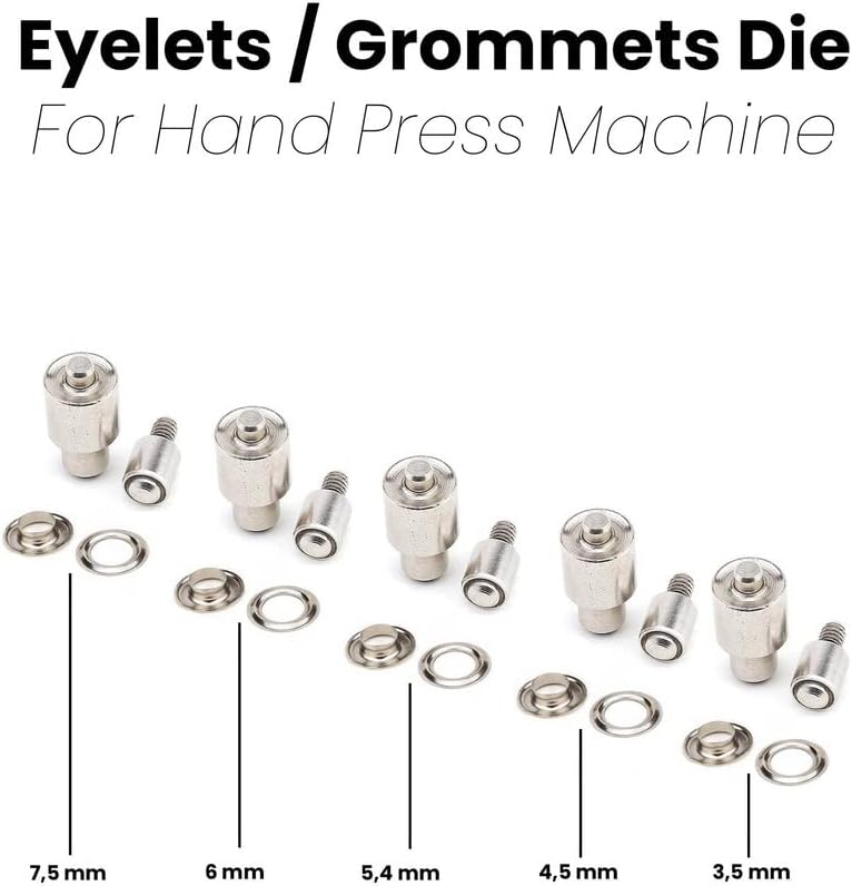 Eyelet Grommet Fastener Dies for Hand Press Machine - 5 Sets for 3.5mm, 4.5mm, 5.4mm, 6mm and 7.5mm Inner Sizes Eyelet Grommet Setting Setter Dies molds Tools