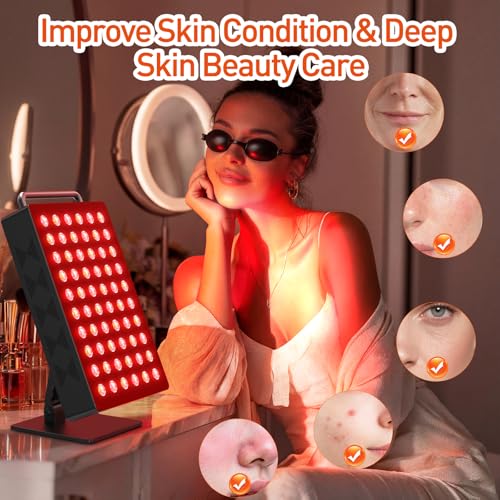 Image of Red Light Therapy Panel 5 Wavement 60 Dual Chip LEDs 630+660+810+830+850nm Red and Near Infrared Lamp Therapy Device 100W with Timer & Stand for Body Pain Relief Face Skin Health Sleep Black