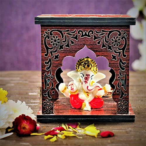 Image of Expleasia, Exuberant & Luxury Decor Mukut Ganesha Idol with Wooden Temple for Home mandir| Temple| car Dashboard| Gift Items | Festival Item| showpiece| Temple Decor