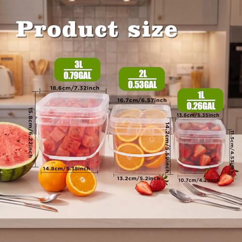 Image of ASEVAT 6 Pack Square Plastic Buckets with Lids & Handles, 1L /2L /3L White & Clear Food-Grade Storage Pails, Stackable Airtight Containers for Food, Pantry & Cleaning Supplies