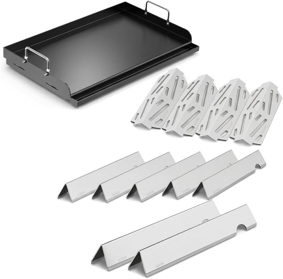 QuliMetal Updated 25" x 16" Cast Iron Griddle and SUS304 Grill Flavorizer Bars and Heat Deflectors for Weber Genesis II 400 Series