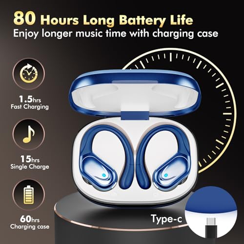 Image of HAOYUYAN Wireless Earbuds, Bluetooth Headphones, Ear Buds with 80hr Playtime, LED Power Display, Noise Canceling, LED Power Display, IPX7 Waterproof Earphones for Gym /Workout /Sport（Dark Blue）