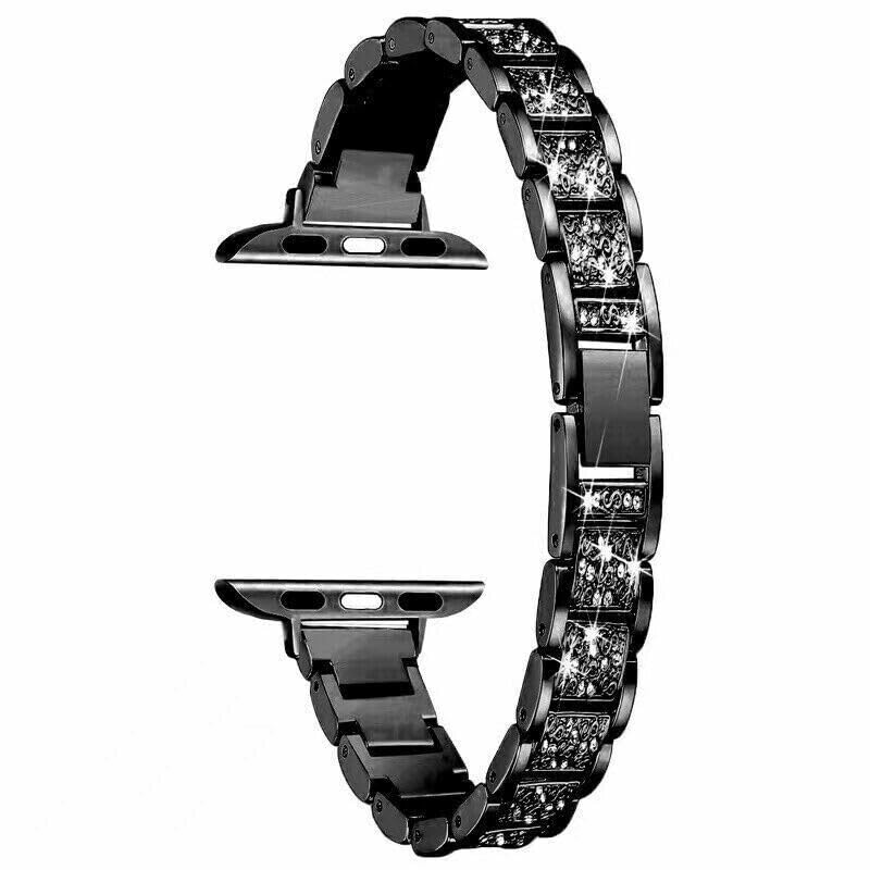 Écrin iWatch Series 10 42 mm avec bracelet métal et pierre noire scintillante
