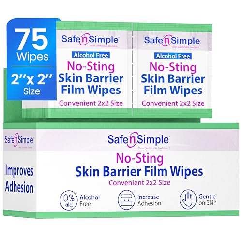Safe n Simple Skin Barrier Wipes No-Sting - 2 x 2 - 75 Count - Alcohol-Free Skin Prep Wipes Individually Wrapped Barrier Film for Ostomy Supplies Stoma Skin Protection and Daily Use
