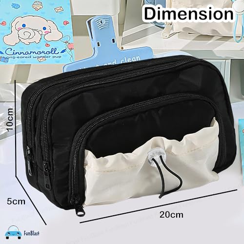 Image of FunBlast Pencil Pouch for Girls - Multiple Compartment Zipper Pouch with Drawstring Pocket, Aesthetic Pouch for Girl, Kawaii Pencil Case, Cute Pouches for Girls, Return Gift for Kids (Black-White)