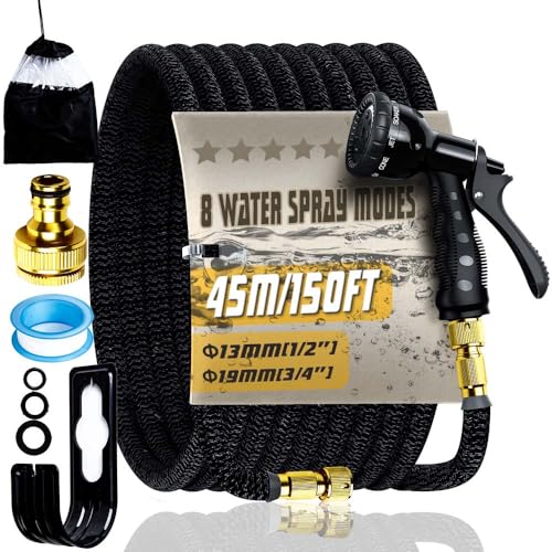150FT Expandable Garden Hose Pipe 45M with 8 Pattern Spray Nozzle Flexible Expanding Magic Hose with 3/4 1/2 Fittings for Outdoor,Garden,Home（Black