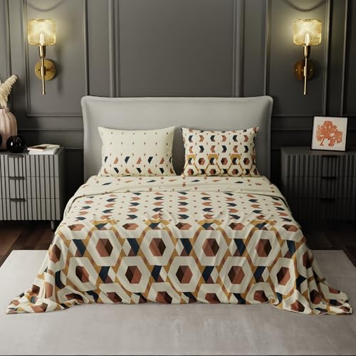 Image of BLISSHOME SoftTouch 150TC Cotton King Size Printed Bedsheet with 2 Pillow Covers for Double Bed, Silky Smooth Bedding Set, Breathable, Easy Maintain, Geometric Pattern - Beige (228cm X 274cm)