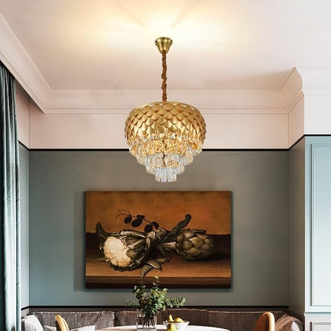 Image of Modern Ceiling Lamp 3-Tier Round Crystal Chandelier for Living Room | Modern Ceiling Light Jhumar for Hall for Home Decoration + 3 Color LED Light (Pine Apple, 300MM)