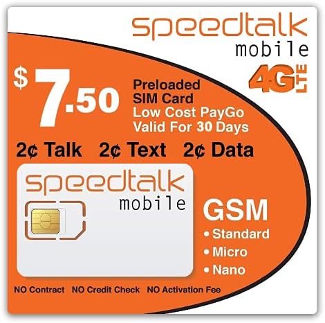 SpeedTalk Mobile $7.50 Preloaded SIM Card for 5G 4G LTE Smart Phones | 2¢ Talk Text Data | 30 Days Cellular Service Plan | No Contract