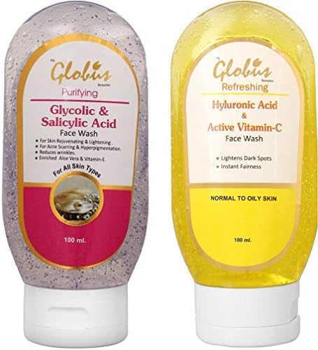GLOBUS REMEDIES Anti Acne Glycolic & Salicylic Acid Face wash 100ml and Skin Brightening Vitamin C & Hyaluronic Acid Face Wash 100 ml Combo Pack